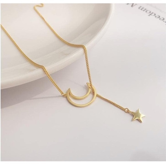 Gold 18k Gold Plated Moon Star Lariat Necklace - Picture 2 of 2